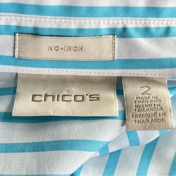 CHICO’S NWOT Women’s No Iron™ Stretch Stripe Shirt Pastel Blue Teal White Large - Picture 7 of 11